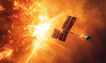 Satellite image capturing the sun's corona with solar radiation streaming out into space