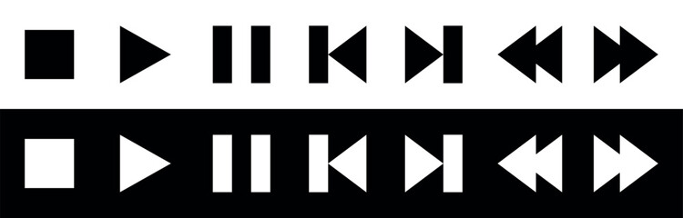Minimalist Media Control Icons. Play, Pause, Stop, and Skip sign. Vector illustration isolated on black and  white background.