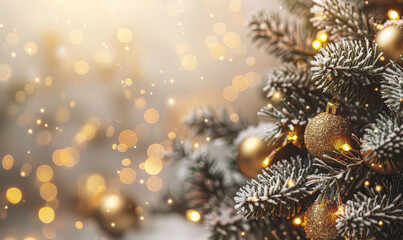 Obraz premium Christmas background. Xmas tree with snow decorated with garland lights, holiday festive background. Widescreen frame backdrop. New year Winter art design, Christmas scene wide 