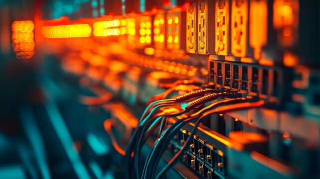 Network Server Room With Bright Cables, Routers, and Switches, Technology Infrastructure