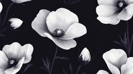 Elegant Black and White Floral Pattern with Stylized Poppies and Buds on a Dark Background, Perfect for Interior Design and Fashion Applications