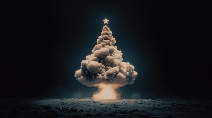 Surreal christmas tree shaped nuclear explosion with star topper
