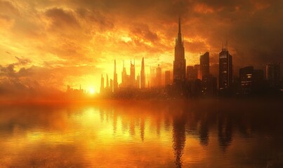 Obraz premium The Symphony of Dawn The early morning ambiance in the metropolis focusing on the reflective