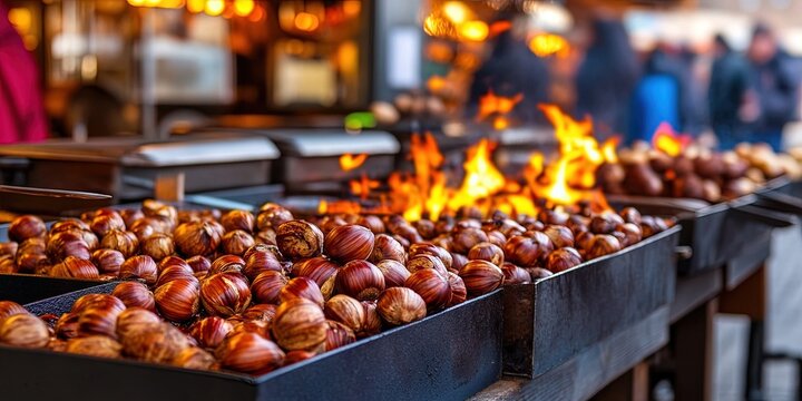 chestnuts roasting on open fire in a winter market