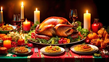  top view Thanksgiving festive table with turkey, vegetables and candles. Thanksgiving feast