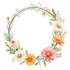 Floral wreath design with assorted flowers and greenery, cheerful composition on white background