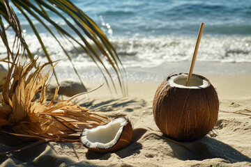 Refreshing coconut drink cocktail with straw lying on exotic tropical sandy beach against sea view landscape, summer holiday concept background.