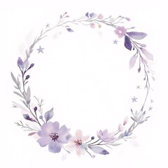 Delicate floral wreath with lavender flowers and stars, serene design on white background