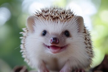 Cute hedgehog close up portrait on natural background.
