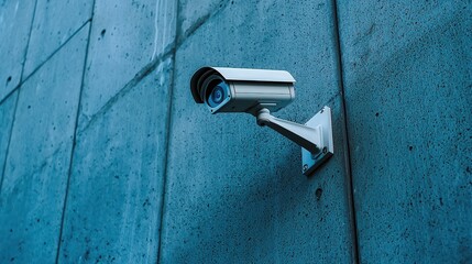 Modern Security Camera Installed on Concrete Wall for Surveillance in Urban Environment, Representing Safety and Protection Against Crime Risks in Various Settings
