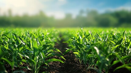 Obraz premium Fresh Green Corn Plants Growing Strongly under Clear Blue Sky in Lush Agricultural Field with Soft Natural Light Illuminating the Landscape