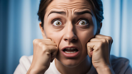 Capture the intensity of a person’s emotions in a headshot where their wide eyes, furrowed brows, and bitten lower lip convey a sense of anxiety or deep concentration. Their hands are tightly clasped 