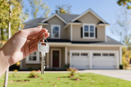 Real estate business woman's hand holding house key close up in front of new house property for sale. 