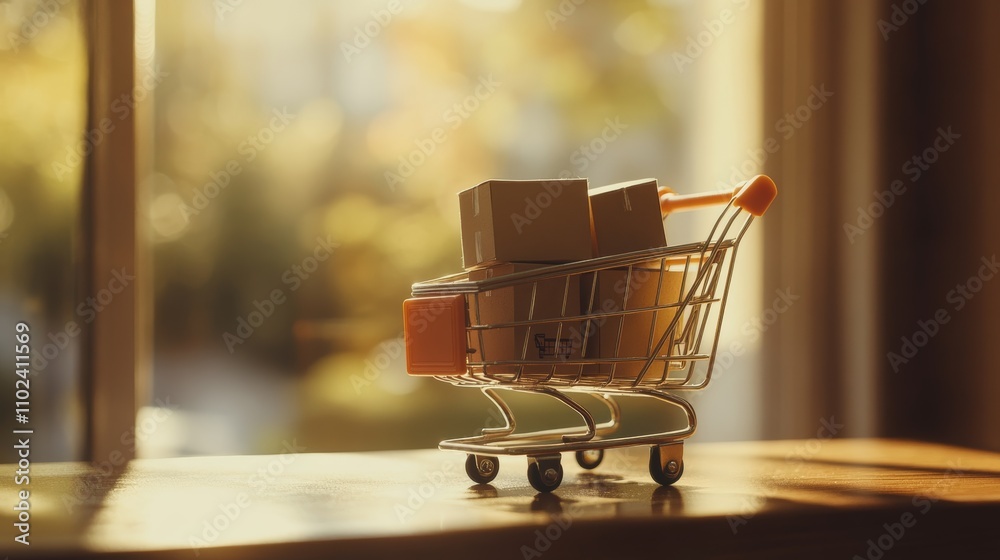 Poster small shopping cart filled with cardboard boxes placed on a wooden surface near a window, representi