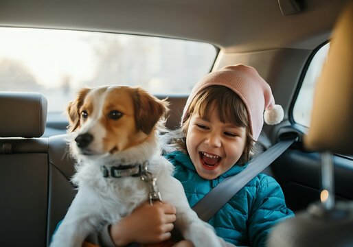 Joyful caucasian child in winter attire enjoying car ride with small dog