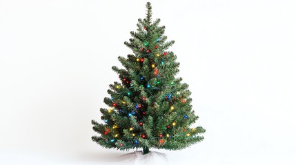 Fototapeta premium A decorated mini Christmas tree with tiny lights on a white background