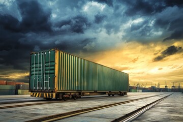 Obraz premium Majestic Shipping Container on Railway Track Against Dramatic Sky at Sunset, Showcasing Industrial Scene with Vibrant Clouds and Tranquil Waterfront