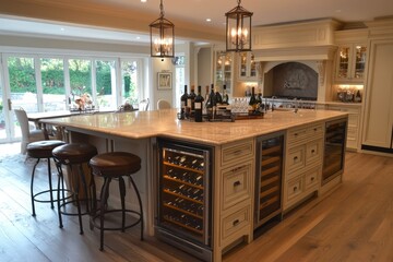 A kitchen designed for entertainment, with a large central island featuring a built-in wine cooler and bar stools.