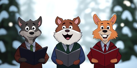 Fototapeta premium 2D animation anthropomorphic animal christmas carolers