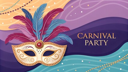 Vibrant carnival mask with colorful feathers on abstract background