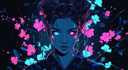 Naklejka premium A beautiful cyberpunk girl with her hair in buns, wearing a dark kimono, with glowing eyes, in an anime style. Neon light colors, blue and pink flowers on black background