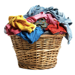 Wektor. Wiklinowy kosz z kolorowym, brudnym, nie złożonym praniem, ubrania, bluzki, dżinsy. © YOUR SHOT