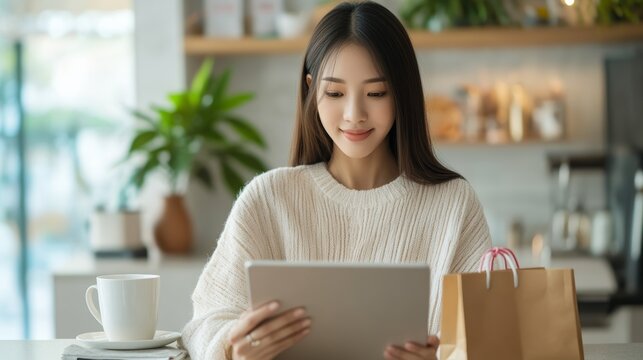 Smiling young asian woman using digital tablet and enjoying online shopping at home with shopping bags and coffee cup on the table