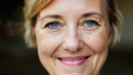 Expressive smile of a middle aged woman unveiling joyful emotions in closeup portrait.