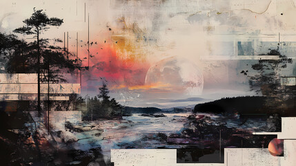 Photo collage with landscapes, liminal spaces, scribbles, traditional media, realistic textures,liminal spaces. space and time distortion. Liminal. Illustration