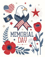 Fototapeta premium Happy Memorial Day. Vector modern flat illustration of USA objects, eagle, star, ribbon, American pattern, logo, poppy and icons for poster, invitation, flyer, background or greeting card 