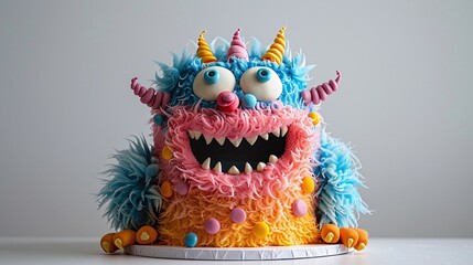 Naklejka premium Colorful monster birthday cake, whimsical party dessert, playful cake design, blue and pink frosting, fun celebration, creative and unique cake for kids