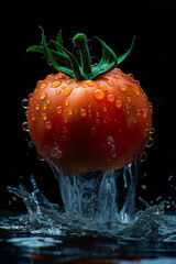 Single vibrant tomato splashing in water with droplets against a dark background