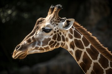 A close-up of a giraffe's head and neck with dramatic lighting, highlighting its distinct brown patches and serene expression.

