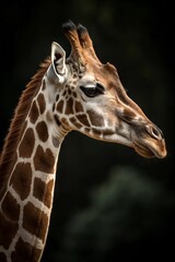 Obraz premium A close-up of a giraffe's head and neck with dramatic lighting, highlighting its distinct brown patches and serene expression.