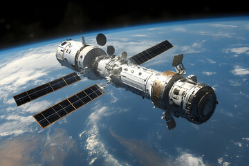 Obraz premium A majestic spacecraft glides over Earth, showcasing human innovation against a vibrant sky