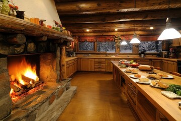 Obraz premium A kitchen with a winter cabin theme, featuring a stone fireplace, log cabinetry, and a long wooden table for hearty meals.