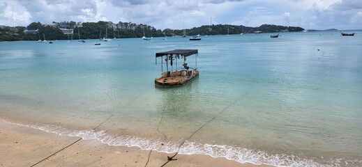 A rustic raft floats on calm turquoise waters near a sandy tropical beach, framed by lush green...