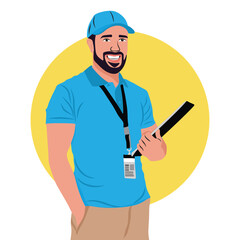 store salesman vector illustration design with blue uniform with white and yellow background salesman character