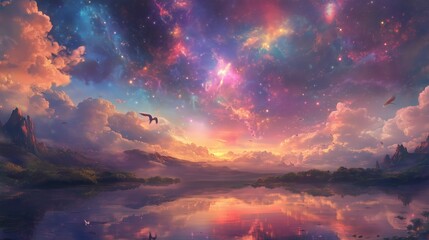 A surreal sky with vibrant colors and clouds invites viewers into a magical, dreamlike realm.