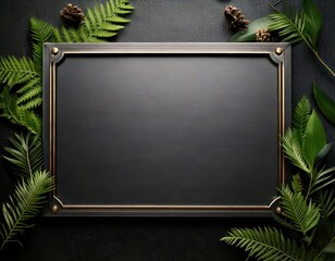 blank silver metal plaque sign frame with pinecones and fir decor with room for copy or text