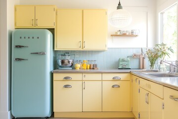 A kitchen with pastel yellow cabinets and retro appliances to create a cheerful, mid-century modern vibe.