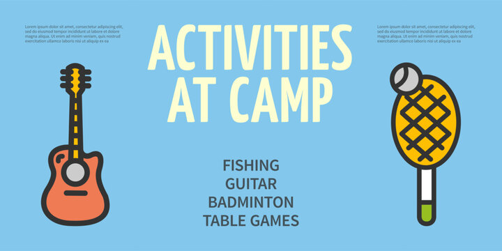 Activities at Camp Concept Horizontal Invitation Placard Poster Banner Card Template. Vector illustration of Fishing, Guitar, Badminton and Table Games