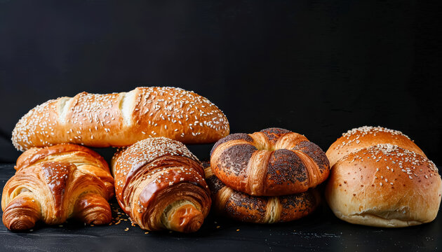 Table is covered with a variety of baked goods, such as croissants, bagels, and other pastries. The pastries are arranged in a visually appealing manner, with some placed in the center of the table - Powered by Adobe