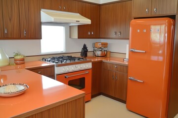 A mid-century modern kitchen with vintage orange appliances, Formica countertops, and wooden cabinetry. The design features clean, simple lines typical of the era.