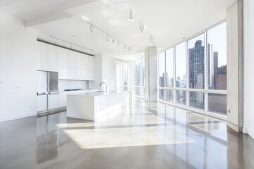 A minimalist kitchen with high ceilings, polished concrete floors, and floor-to-ceiling windows that let in abundant natural light. The kitchen features an all-white color scheme.