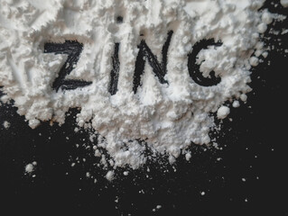 White powder on a black background. Letters zinc. Mineral zinc. Bio hacking concept. Copy space