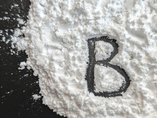 White powder on a black background. Letters B. Vitamin B. Bio hacking concept. Copy space