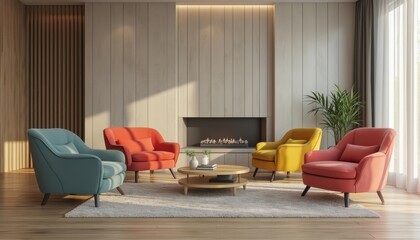 Minimalist interior design of modern living room with vibrant colorful multicolored armchairs and couch. 