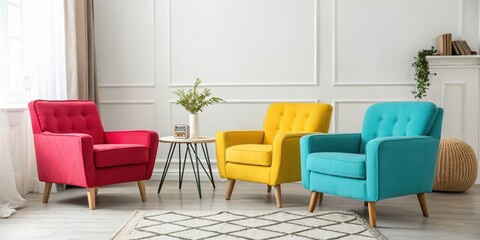 Minimalist interior design of modern living room with vibrant colorful multicolored armchairs and couch with copy space.