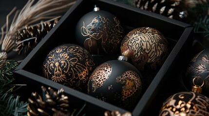Black and leopard print Christmas ornaments in an open box